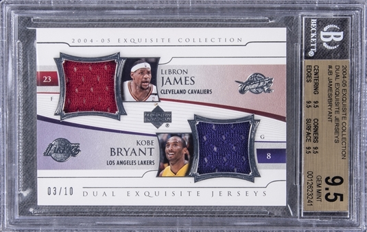 2004-05 UD "Exquisite Collection" Dual Jerseys #JB LeBron James/Kobe Bryant Game Used Patch Card (#03/10) – BGS GEM MINT 9.5